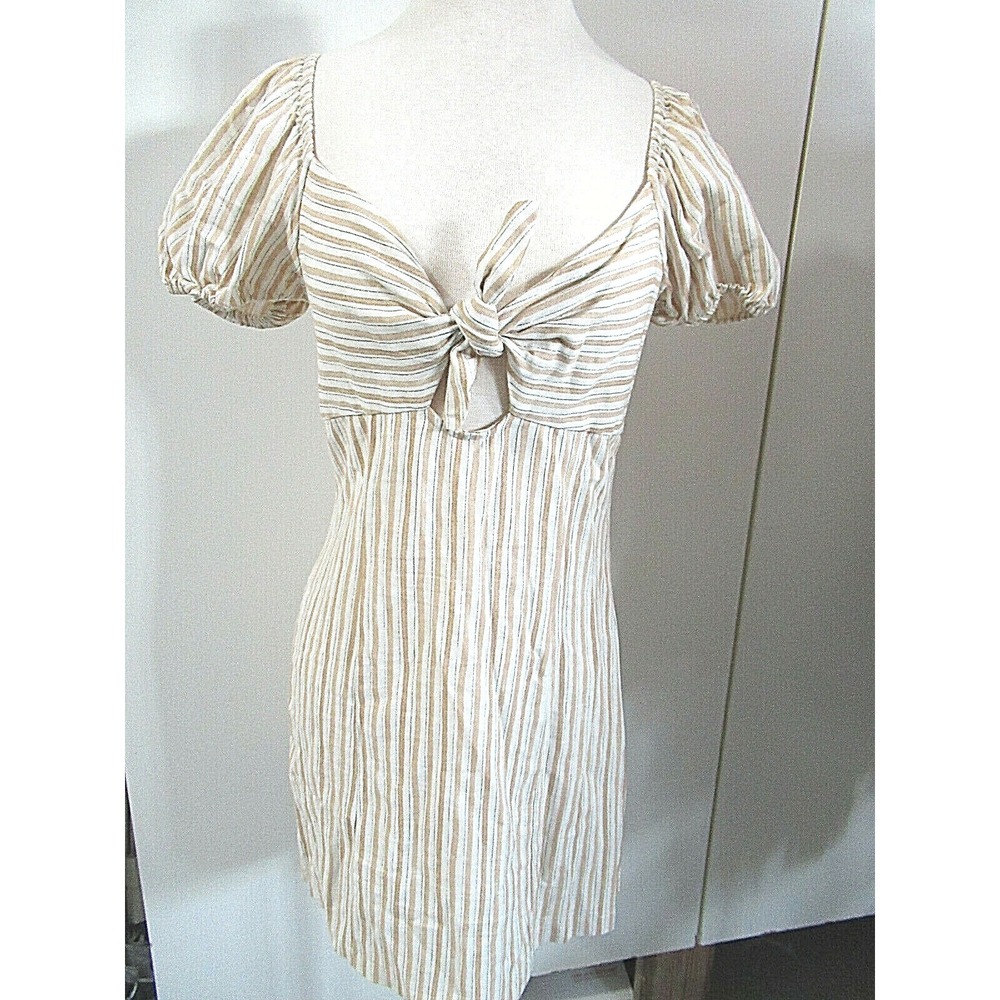 AUDREY 3+1 Size Large Juniors Tan‎ & White Striped Mini Dress Puffed Cap Sleeves